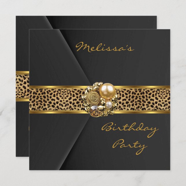 Convite Leopard Invitation Elegant Black Velvet gold jewy (Frente/Verso)