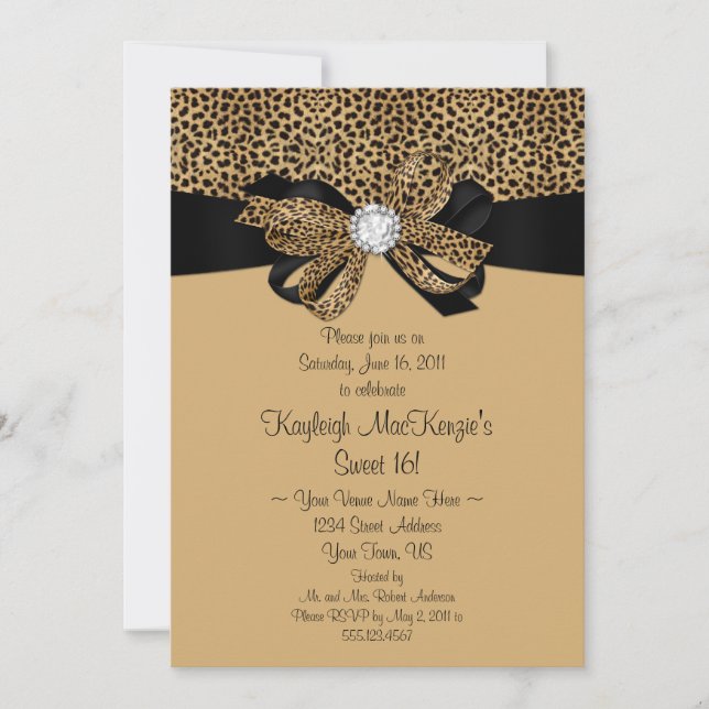 Convite Leopard Print Clear Rhinestones Diamantes Sweet 16 (Frente)