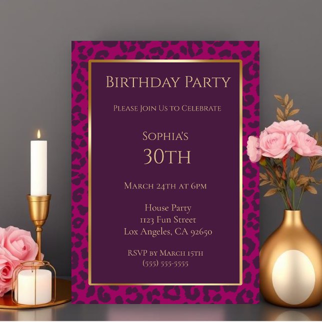 Convite Leopard Print-Magenta-Birthday (Birthday-Leopard Pattern-Magenta- Invitation )