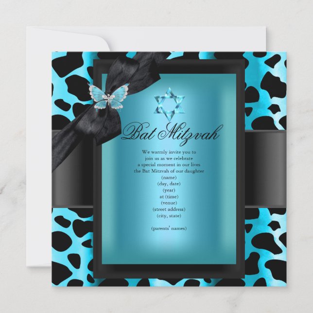 Convite Leopardo Azul Teal Borboleta Bat Mitzvah (Frente)