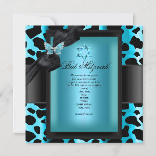Convite Leopardo Azul Teal Borboleta Bat Mitzvah