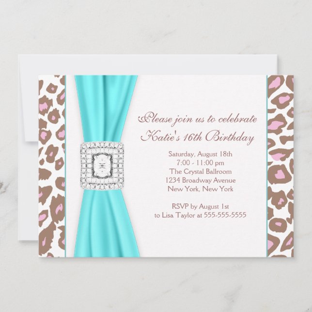 Convite Leopardo Azul Teal Doce Dezesseis Festas de aniver (Frente)