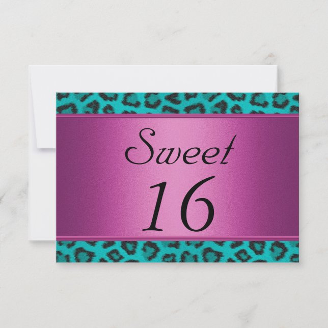 Convite Leopardo Azul Turquesa Rosa Sweet 16 (Frente)