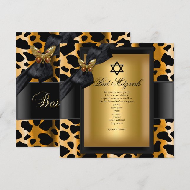 Convite Leopardo Bat Mitzvah Dourado Preto Borboleta (Frente/Verso)