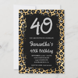Convite Leopardo Dourado Cinza Pintado de Preto Aniversári