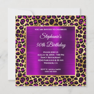 Convite Leopardo Dourado e magenta roxo Glam 50º Anivers