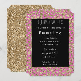 Convite Leopardo Dourado Glam Preto-Cor-de-Rosa
