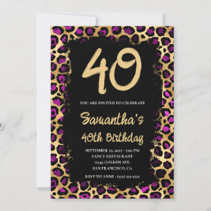Convite Leopardo Dourado Roxo Pintado de Preto Aniversário
