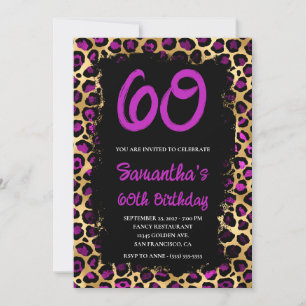 Convite Leopardo Dourado Roxo Pintado de Preto Aniversário