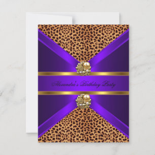 Convite Leopardo Elegante Animal Dourado Roxo Aniversário 