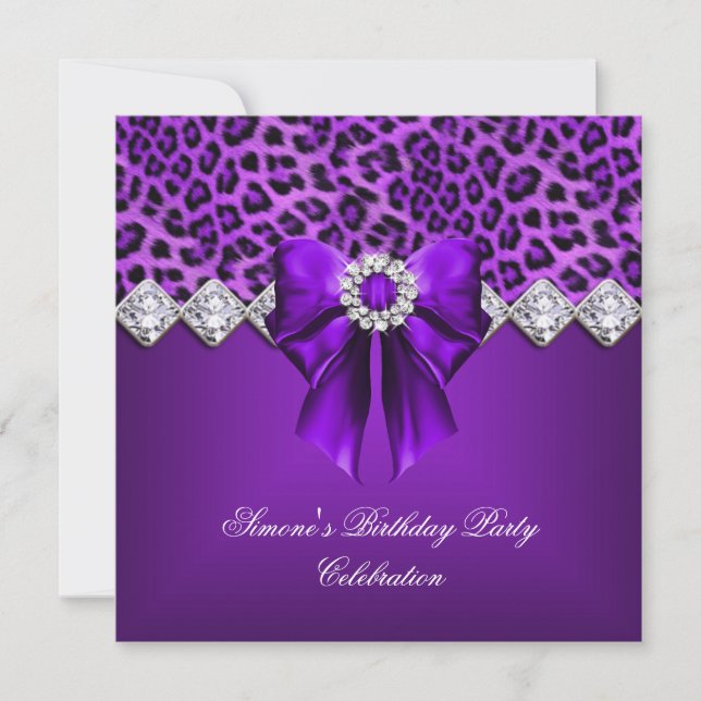 Convite Leopardo Elegante Arco Roxo Diamantes (Frente)