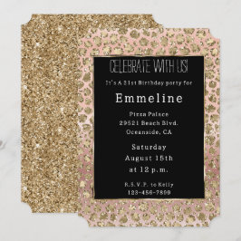 Convite Leopardo Glitor Negro Dourado rosa
