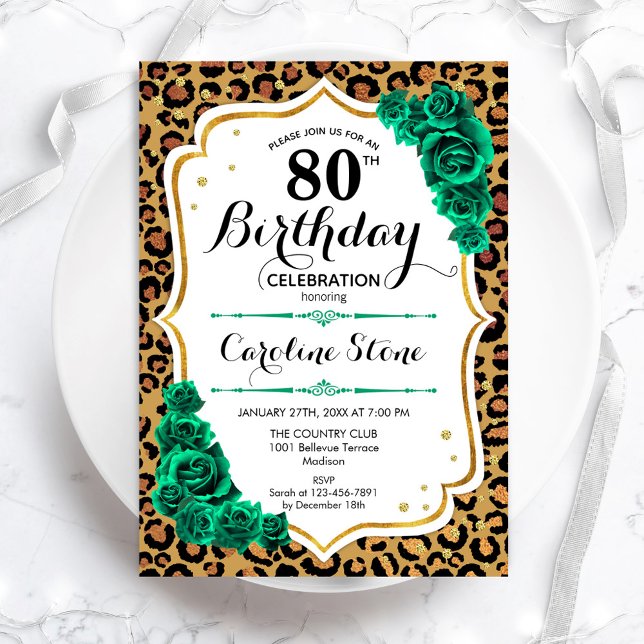 Convite Leopardo Imprime verde Dourado 80 Aniversário (Criador carregado)