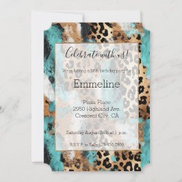 Convite Leopardo Negro Dourado Turquesa