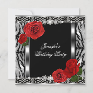 Convite Leopardo Preto Aniversário Rosa Vermelha Flores Qu