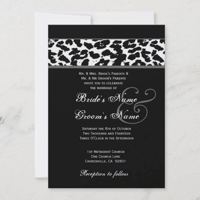 Convite Leopardo preto e branco que Wedding o papel (Frente)
