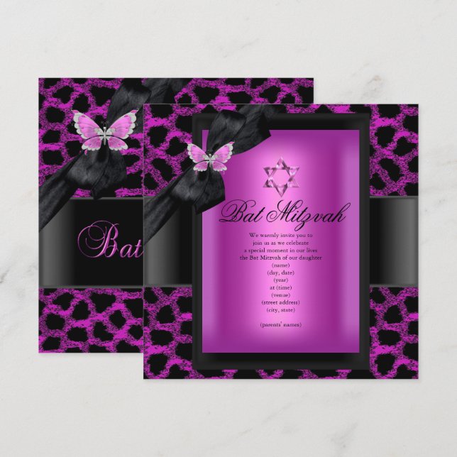 Convite Leopardo Rosa Borboleta Bat Mitzvah (Frente/Verso)