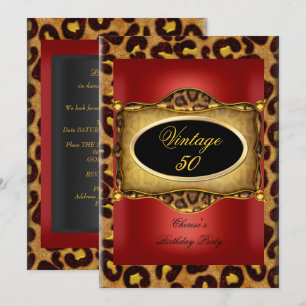 Convite Leopardo Vermelho Dourado Preto Aniversário Elegan