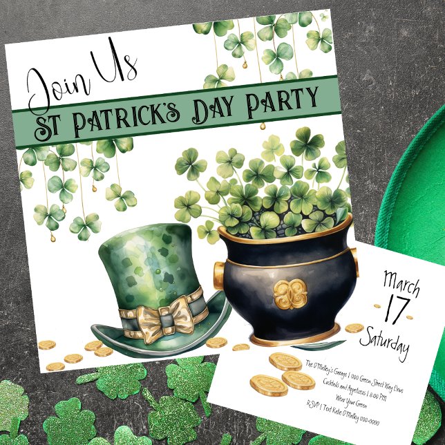 Convite Leprechaun e Dia de São Patrício de Pote O Clover (Shamrocks and leprechaun top hat with gold coins on a customizable St Patrick's Day invitation. )