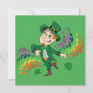 Convite Leprechaun feliz sorrindo dançando, um arco-íris