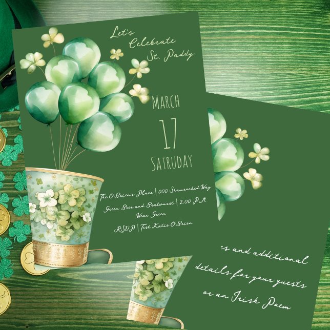 Convite Leprechaun Hat com Balões e Camarões (Gold and Irish green shamrocks and top hat with balloons St Patrick's Day customizable party invites)