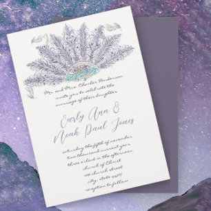 Convite Leque de penas vintage lavanda roxa casamento