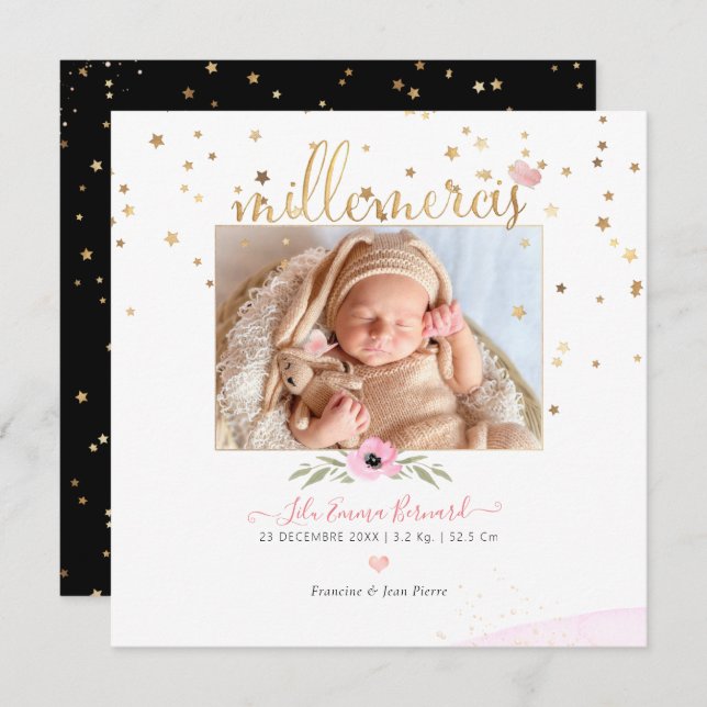 Convite Les etoiles d'or Remerciement Naissance File (Frente/Verso)