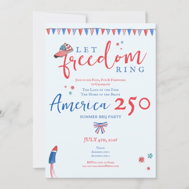 Convite Let Freedom Ring 4th of July America 250 Patriotic (Frente)