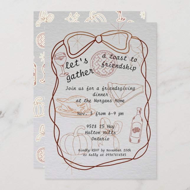 Convite  "Let’s Gather" Hand-Drawn Friendsgiving  (Frente/Verso)