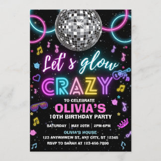 Convite Let’s Glow Crazy disco party
