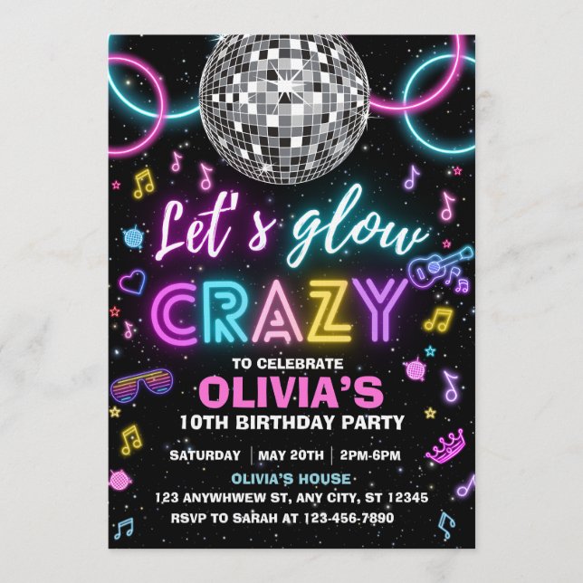 Convite Let’s Glow Crazy disco party (Frente)