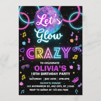 Convite Let’s Glow Crazy disco party invite - disco ball