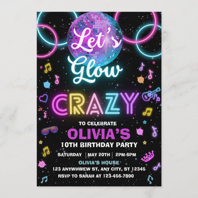 Convite Let’s Glow Crazy disco party invite - disco ball  (Frente)