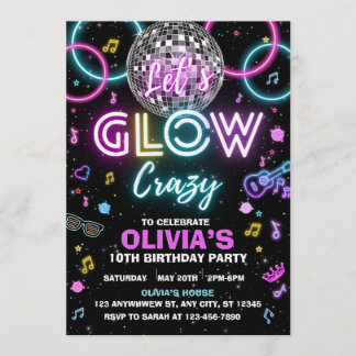 Convite Let’s Glow Crazy disco party invite - disco ball
