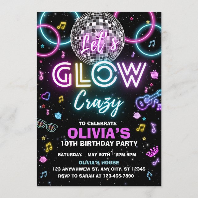 Convite Let’s Glow Crazy disco party invite - disco ball  (Frente)