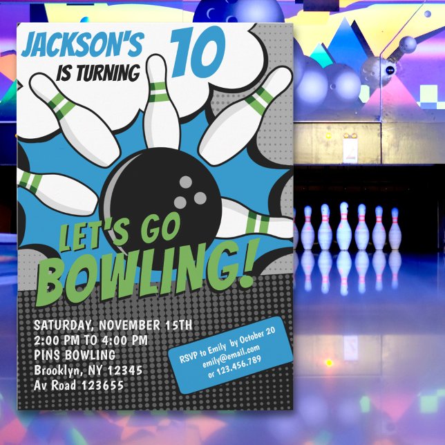 Convite Let’s Go Bowling!  Fun Bowling-Style Birthday Kids (Criador carregado)