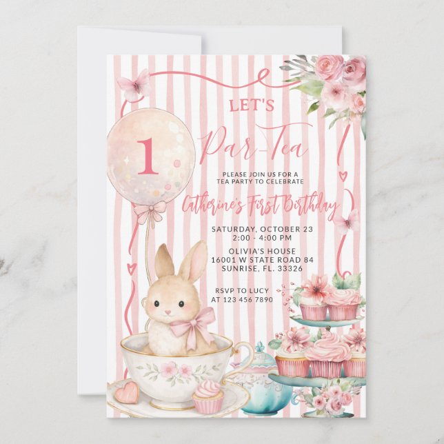 Convite Let’s Par Tea Pink Striped Bunny Party Birthday (Frente)