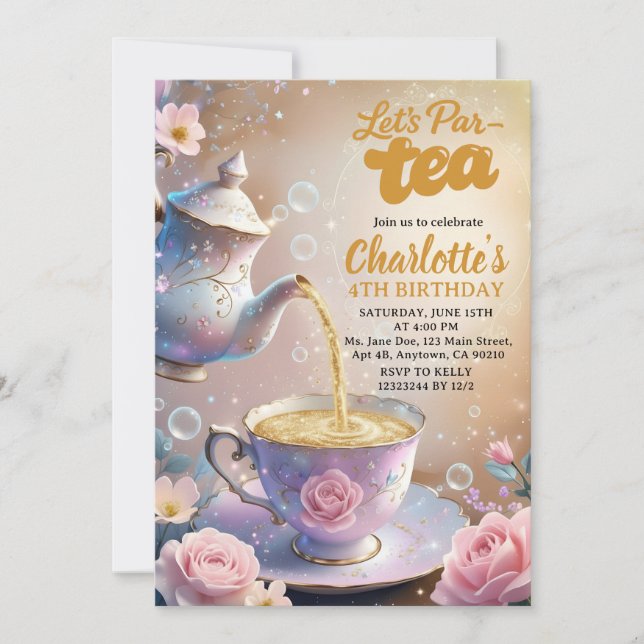 Convite Let’s Par‑Tea Teacup & Teapot Tea Party Birthday (Frente)