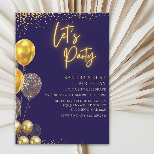 Convite Let’s Party- elegant Birthday with Golden balloons (Criador carregado)