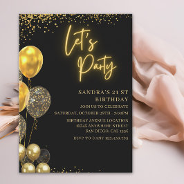 Convite Let’s Party- elegant Birthday with Golden balloons