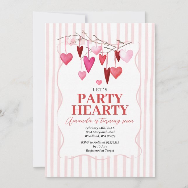 Convite Let’s Party Hearty Pink Hearts Birthday (Frente)