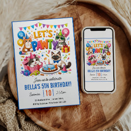 Convite Let’s Pawty Cat 5th Birthday | Cute Kitty Birthday