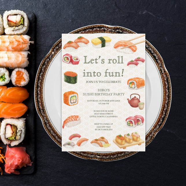 Convite Let’s Roll into Fun! Sushi Birthday Party Invitati (Criador carregado)