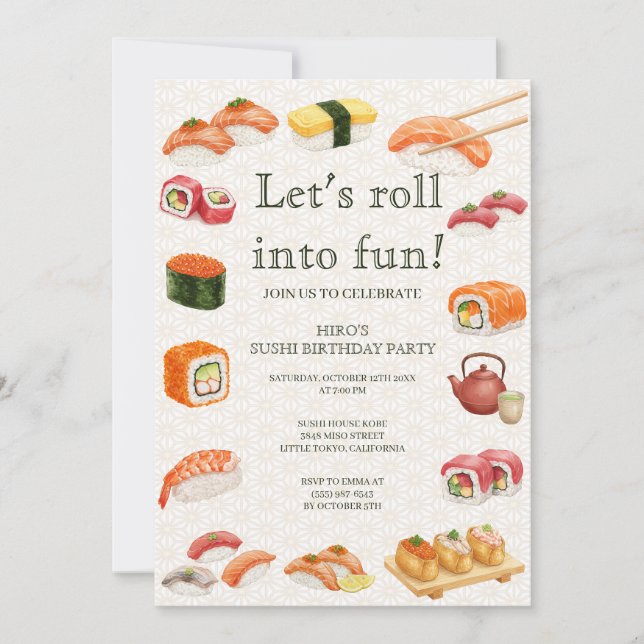 Convite Let’s Roll into Fun! Sushi Birthday Party Invitati (Frente)