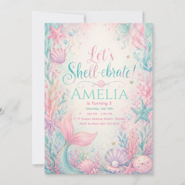 Convite Let’s Shell-ebrate Mermaid Invitation Editable (Frente)