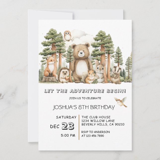 Convite Let The Adventure Begin Woodland Animals Birthday (Frente)