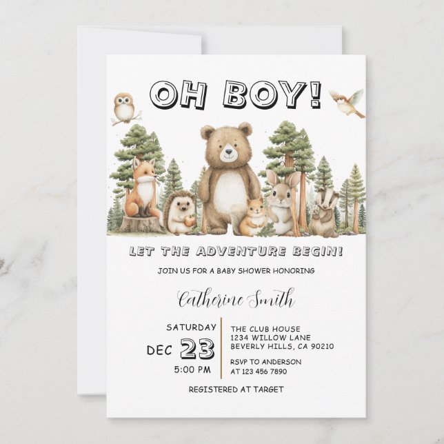 Convite Let the Adventure Begin Woodland Baby Shower (Frente)