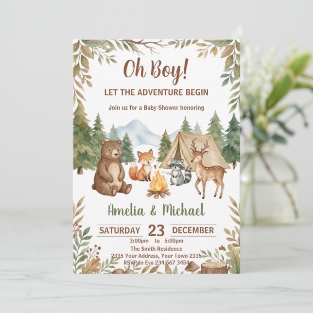 Convite Let the Adventure Begin Woodland Boy Baby Shower (Em pé/Frente)