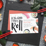 Convite Let The Good Times Roll Sushi Engagement Party<br><div class="desc">Invite friends and family to your engagement celebration with these awesome sushi themed engagement party invitations featuring watercolor illustrations of nigiri and sushi rolls. "Let the good times roll" appears to the left in hand sketched lettering. Personalize with your party details using the template fields.</div>