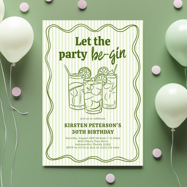 Convite Let The Party Be-Gin Adult Birthday (Criador carregado)